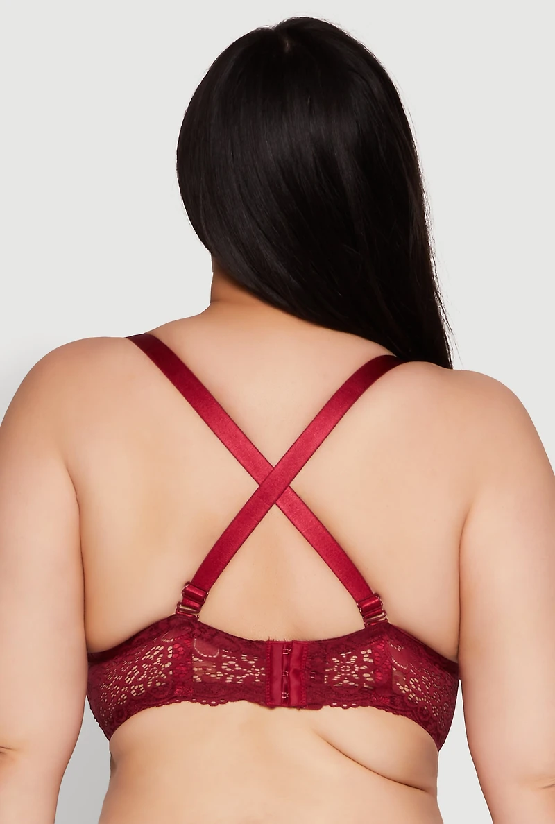 Womens Plus Floral Lace Scalloped Convertible Balconette Bra, Burgundy,