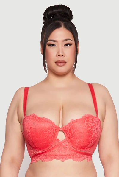 Womens Plus Caged Convertible Longline Lace Balconette Bra, Red,