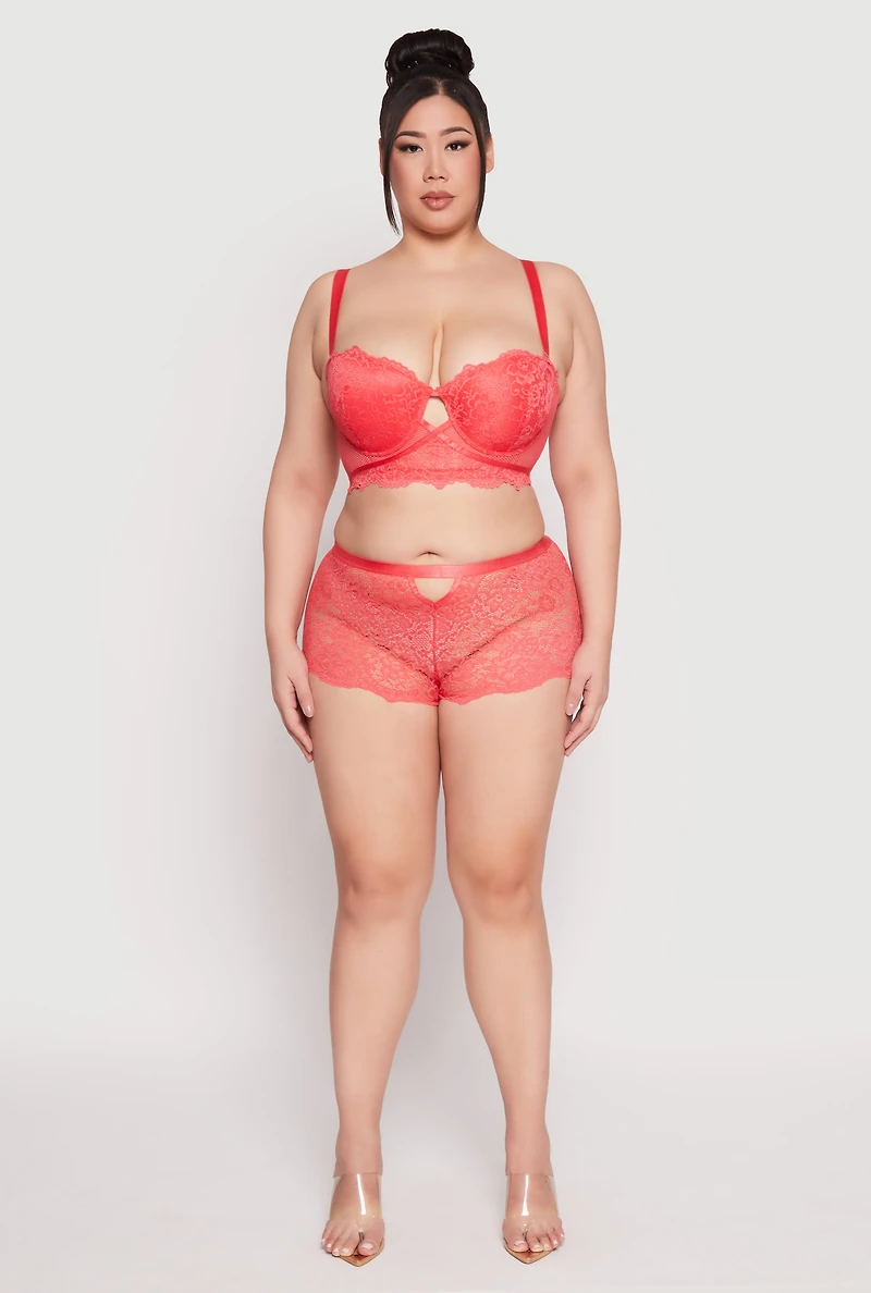 Womens Plus Size Caged Convertible Longline Lace Balconette Bra, Red, Size 44C