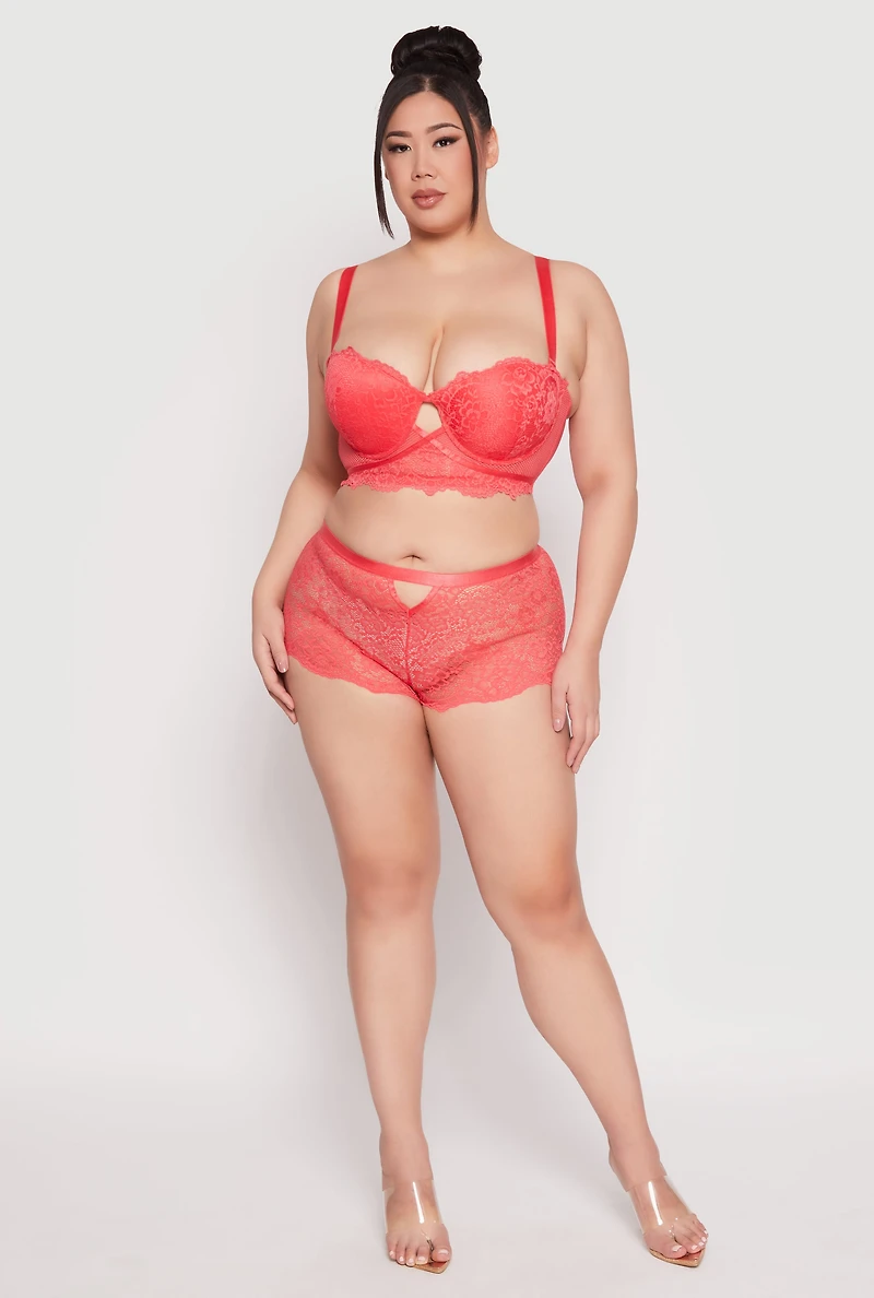 Womens Plus Size Caged Convertible Longline Lace Balconette Bra, Red, Size 38D