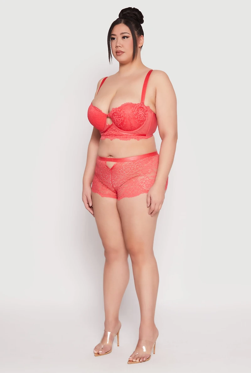 Womens Plus Size Caged Convertible Longline Lace Balconette Bra, Red, Size 42C