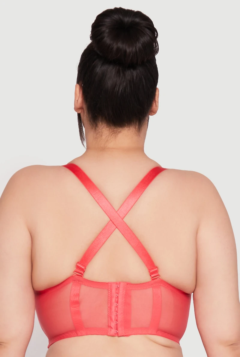 Womens Plus Size Caged Convertible Longline Lace Balconette Bra, Red, Size 44C