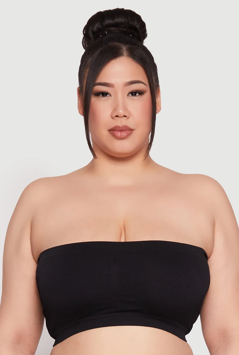 Womens Plus Basic Seamless Bandeau Bra, Black,