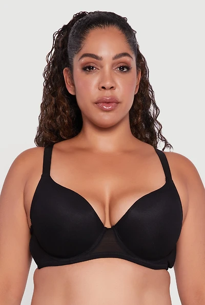Womens Plus Size Mesh Padded Plunge Bra, Black, Size 38DD