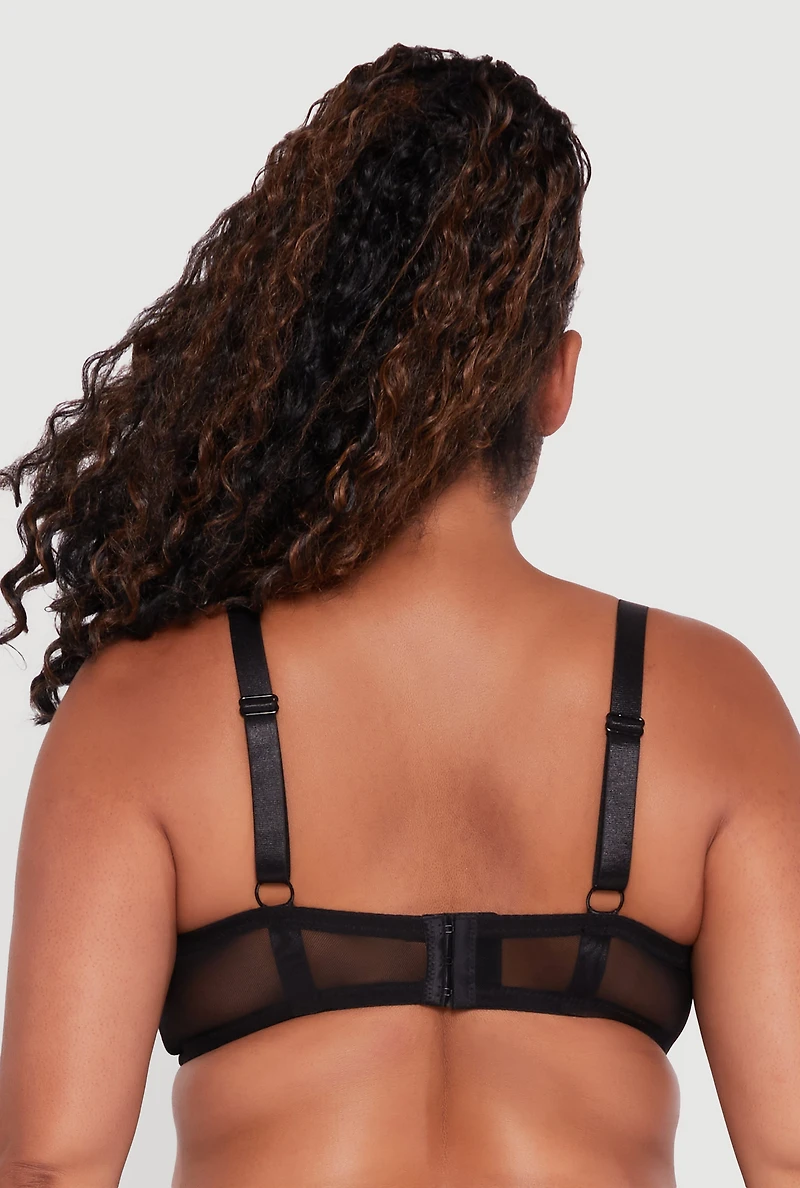 Womens Plus Size Mesh Padded Plunge Bra, Black, Size 44DD