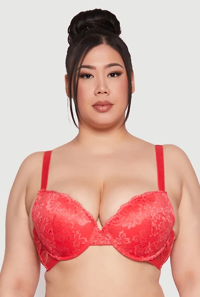 Womens Plus Floral Patterned Caged Lace Plunge Bra, Orange,
