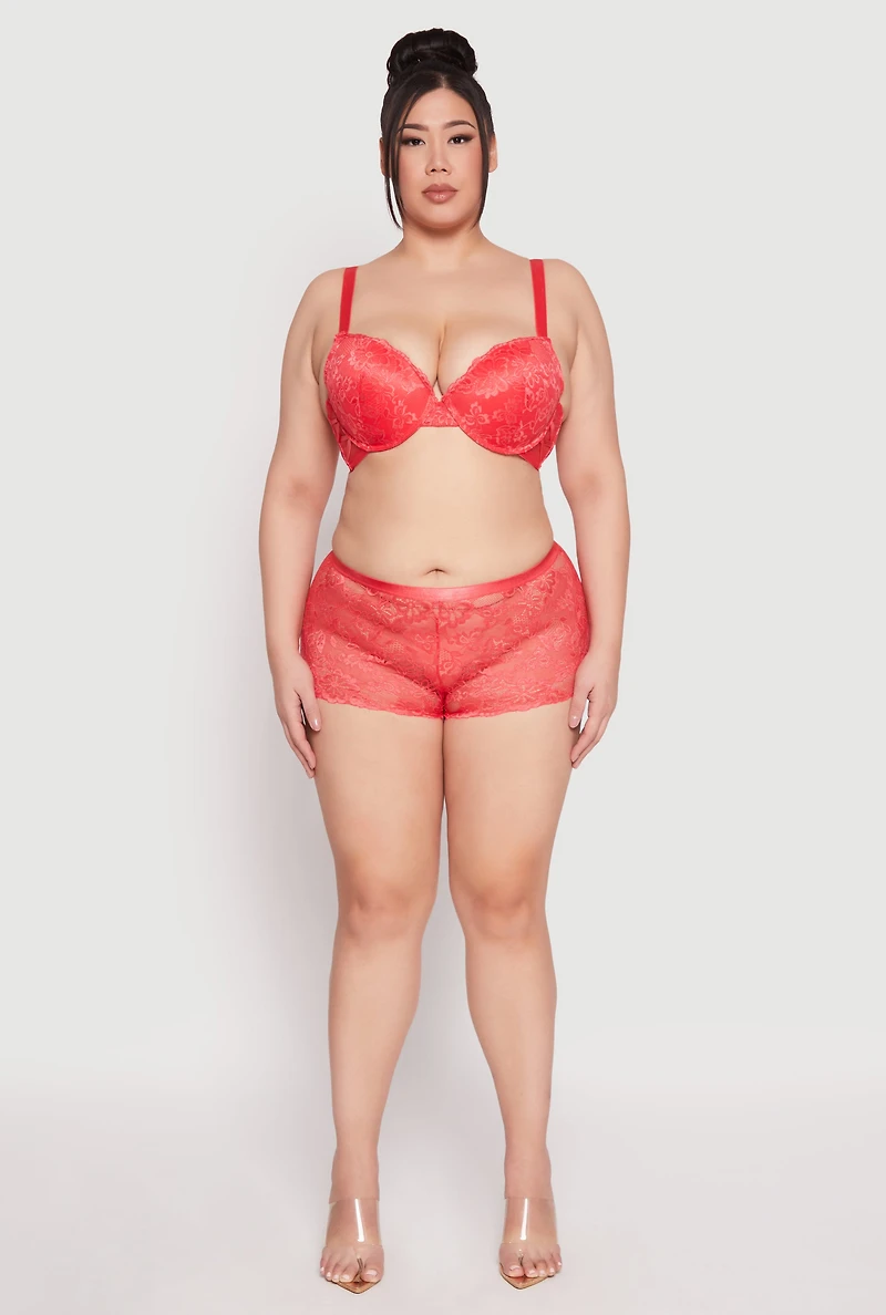 Womens Plus Size Floral Patterned Caged Lace Plunge Bra, Orange, Size 38C