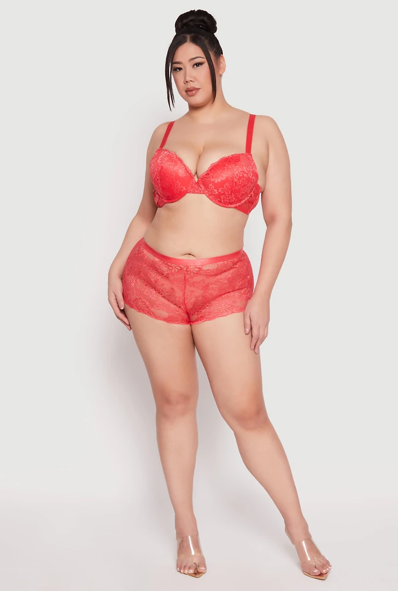 Womens Plus Size Floral Patterned Caged Lace Plunge Bra, Orange, Size 38D
