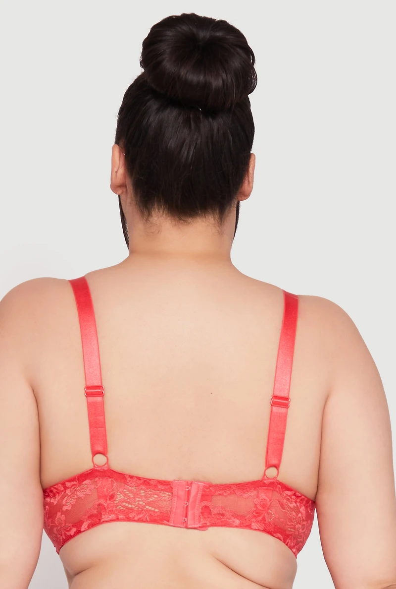 Womens Plus Size Floral Patterned Caged Lace Plunge Bra, Orange, Size 38D