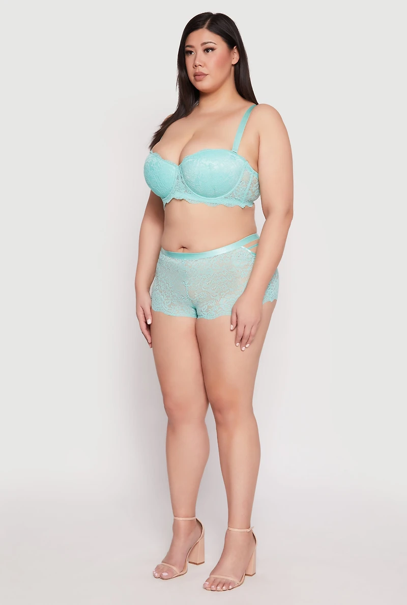 Womens Plus Size Scalloped Floral Lace Balconette Bra | Convertible To Strapless, Blue, Size 44C