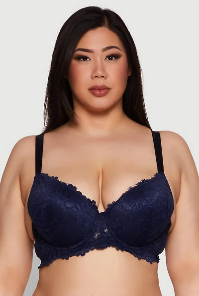 Womens Plus Scalloped Floral Patterned Lace Plunge Bra, Blue,