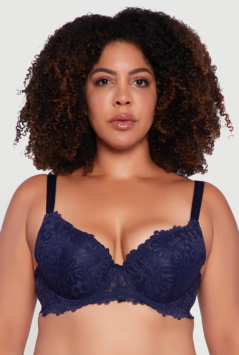 Womens Plus Size Scalloped Floral Patterned Lace Plunge Bra, Blue, Size 42C