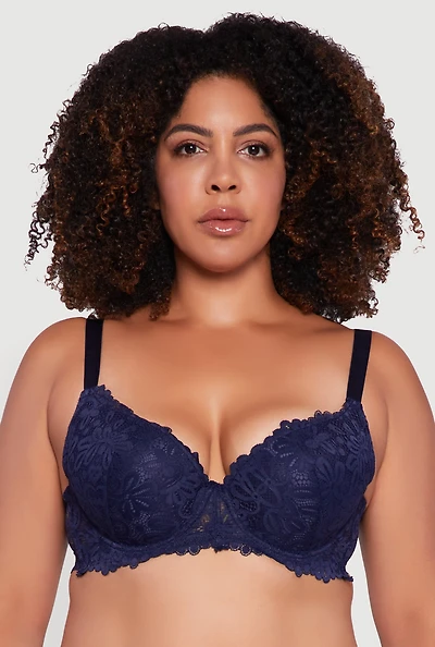 Womens Plus Scalloped Floral Patterned Lace Plunge Bra, Blue,