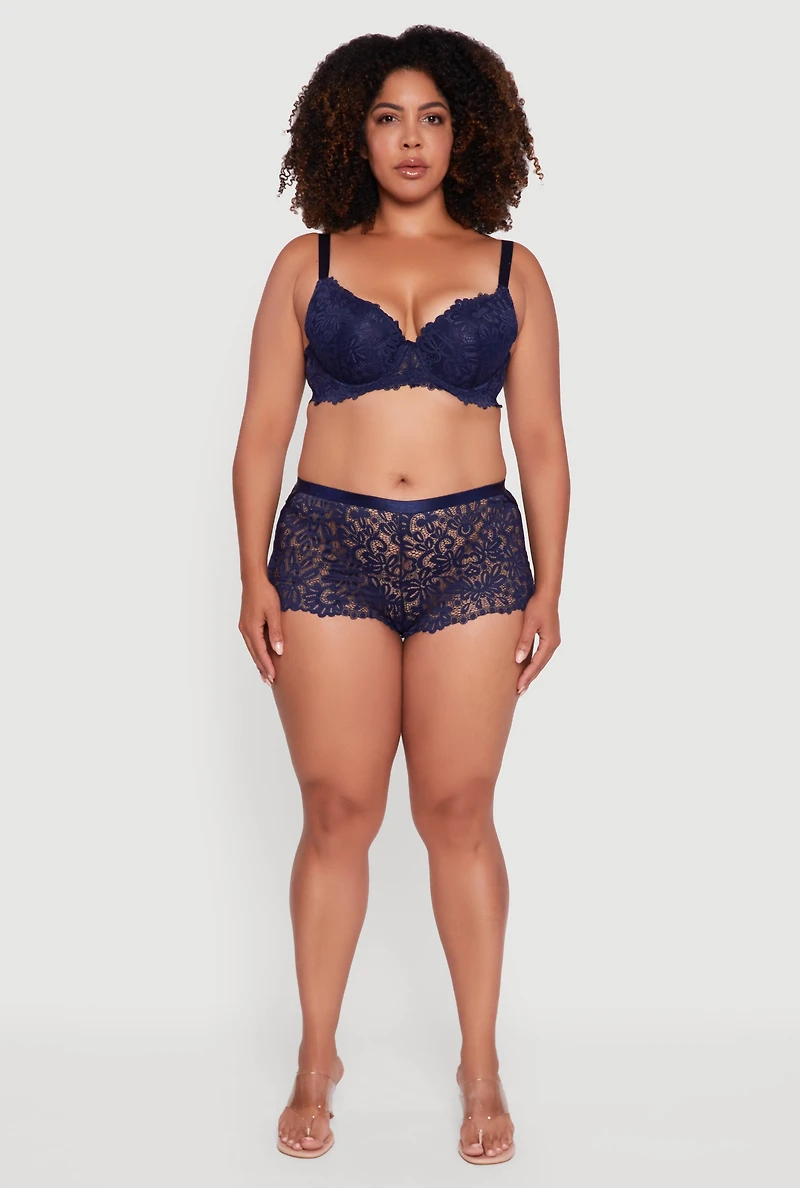Womens Plus Size Scalloped Floral Patterned Lace Plunge Bra, Blue, Size 42C