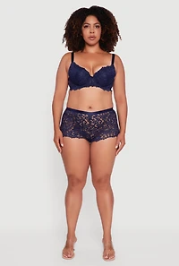 Womens Plus Size Scalloped Floral Patterned Lace Plunge Bra, Blue, Size 42C
