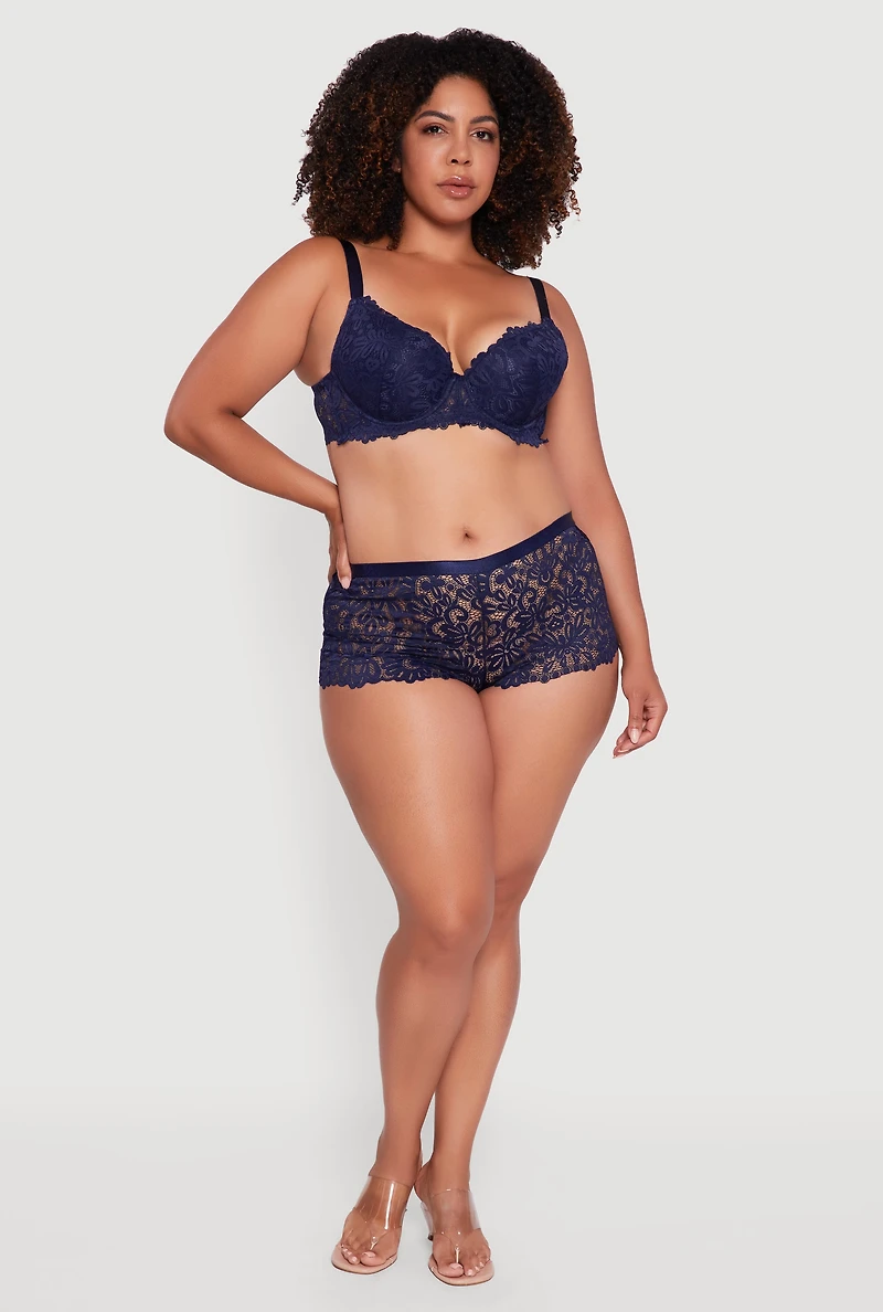 Womens Plus Size Scalloped Floral Patterned Lace Plunge Bra, Blue, Size 42C