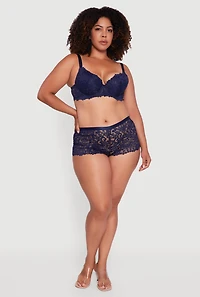 Womens Plus Size Scalloped Floral Patterned Lace Plunge Bra, Blue, Size 42C