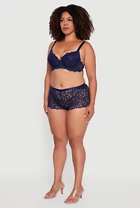 Womens Plus Size Scalloped Floral Patterned Lace Plunge Bra, Blue, Size 42C