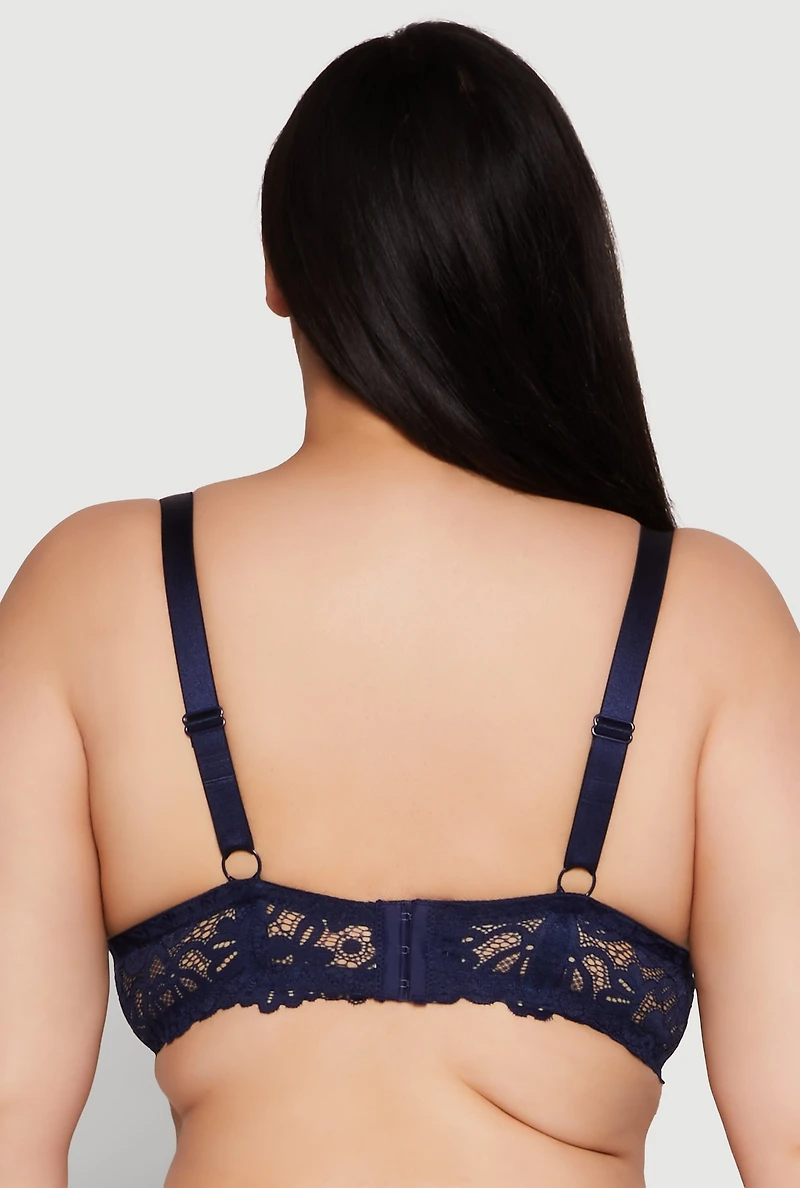 Womens Plus Size Scalloped Floral Patterned Lace Plunge Bra, Blue, Size 42C