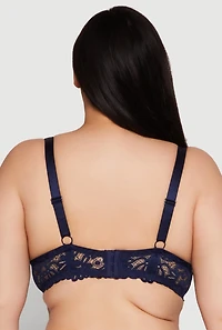 Womens Plus Size Scalloped Floral Patterned Lace Plunge Bra, Blue, Size 42C