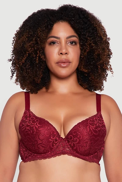 Womens Plus Size Scalloped Patterned Lace Plunge Bra, Burgundy, Size 42D