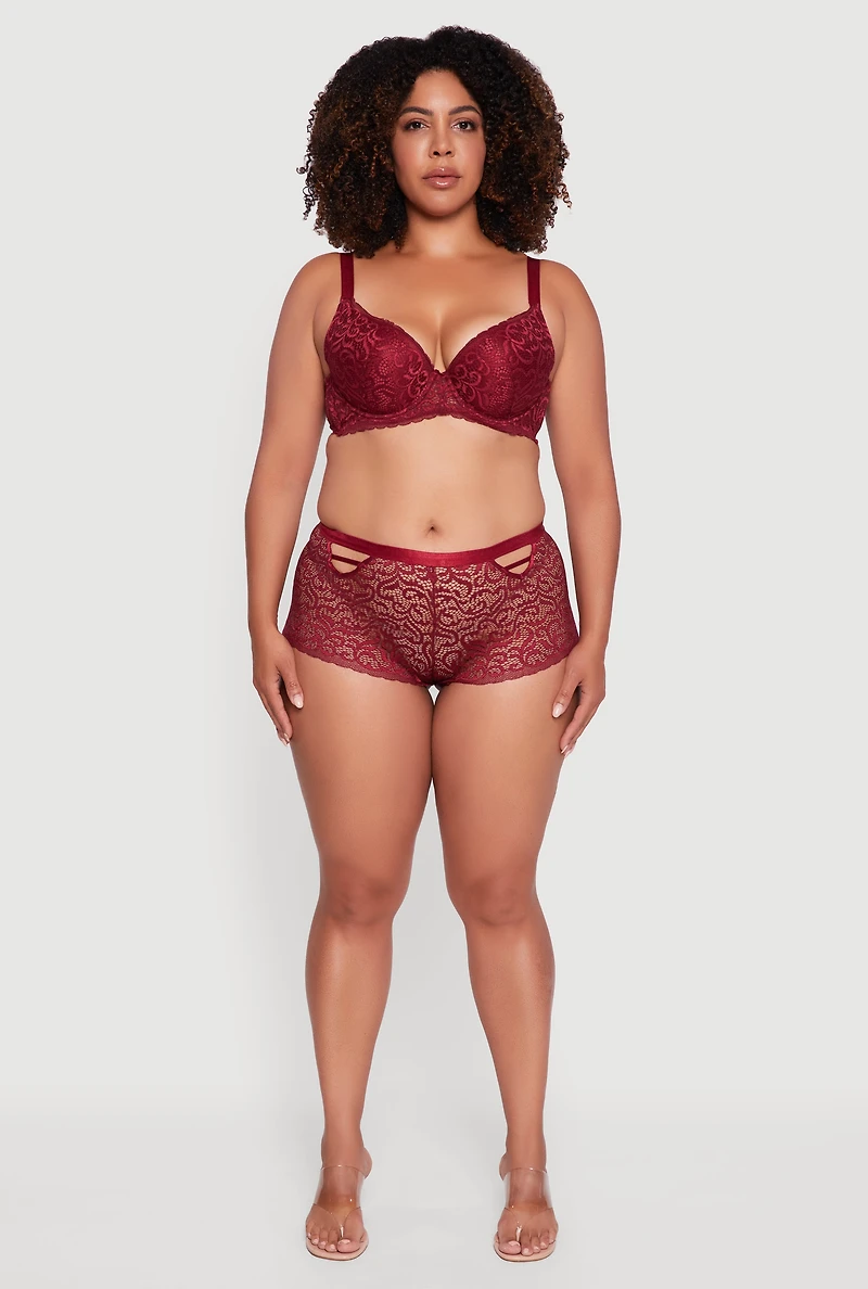 Womens Plus Scalloped Patterned Lace Plunge Bra, Burgundy,