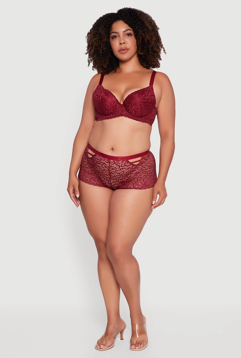 Womens Plus Size Scalloped Patterned Lace Plunge Bra, Burgundy, Size 42D