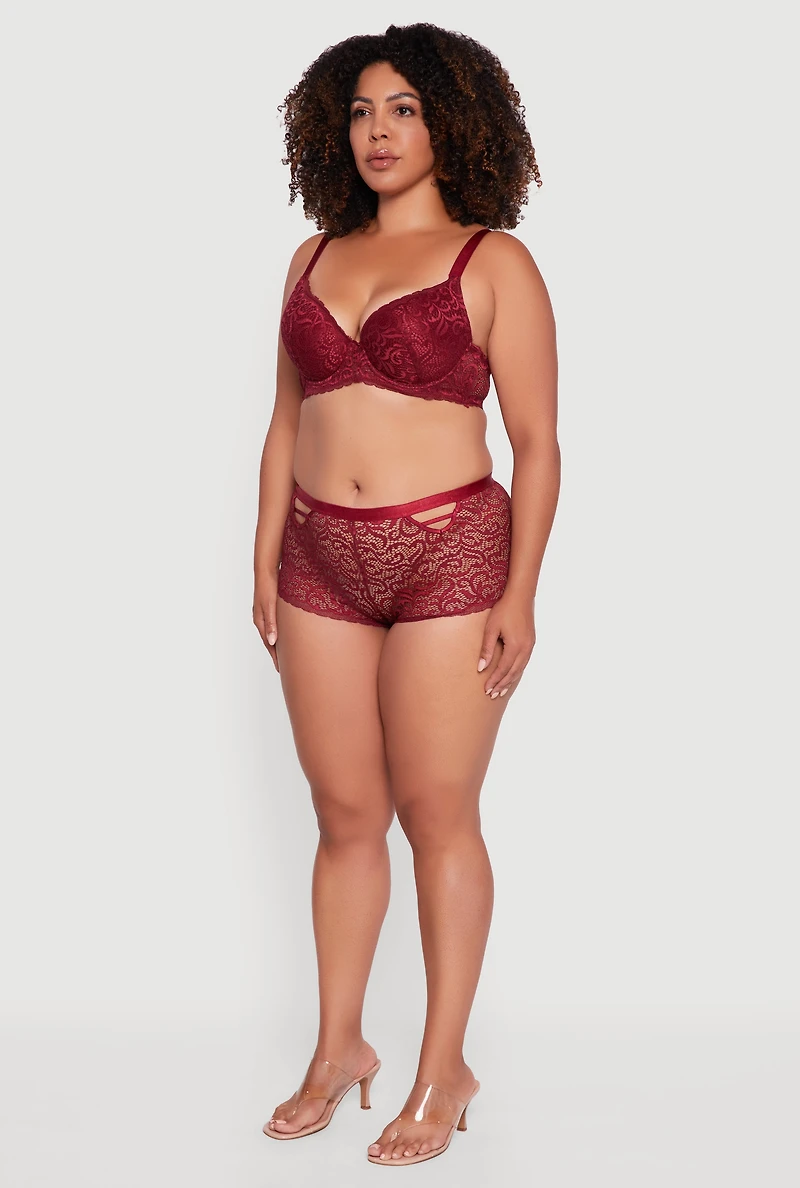 Womens Plus Scalloped Patterned Lace Plunge Bra, Burgundy,