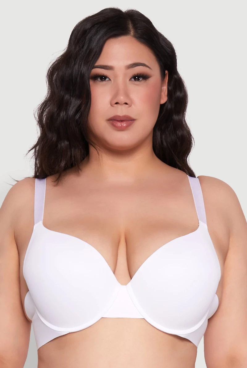 Womens Plus Size Seamless Padded Push Up Plunge Bra, White, Size 40DD