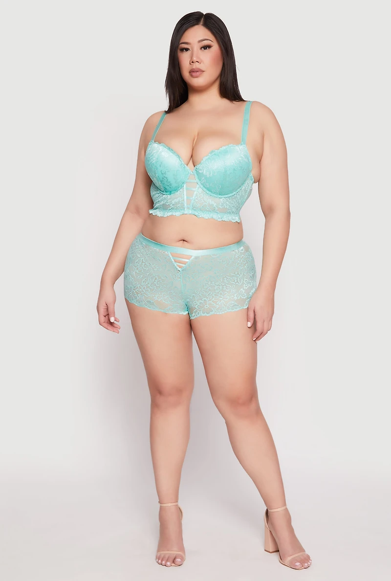 Womens Plus Size Floral Lace Caged Plunge Longline Bra, Green, Size 38C