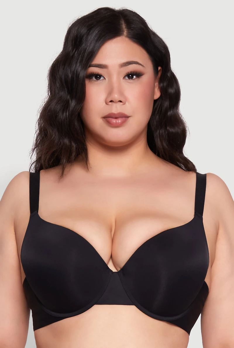 Womens Plus Size Solid Padded Push Up Plunge Bra, Black, Size 40DD