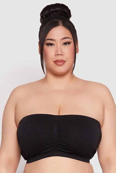 Womens Plus Size Basic Seamless Ruched Bandeau Bra, Black, Size 3X