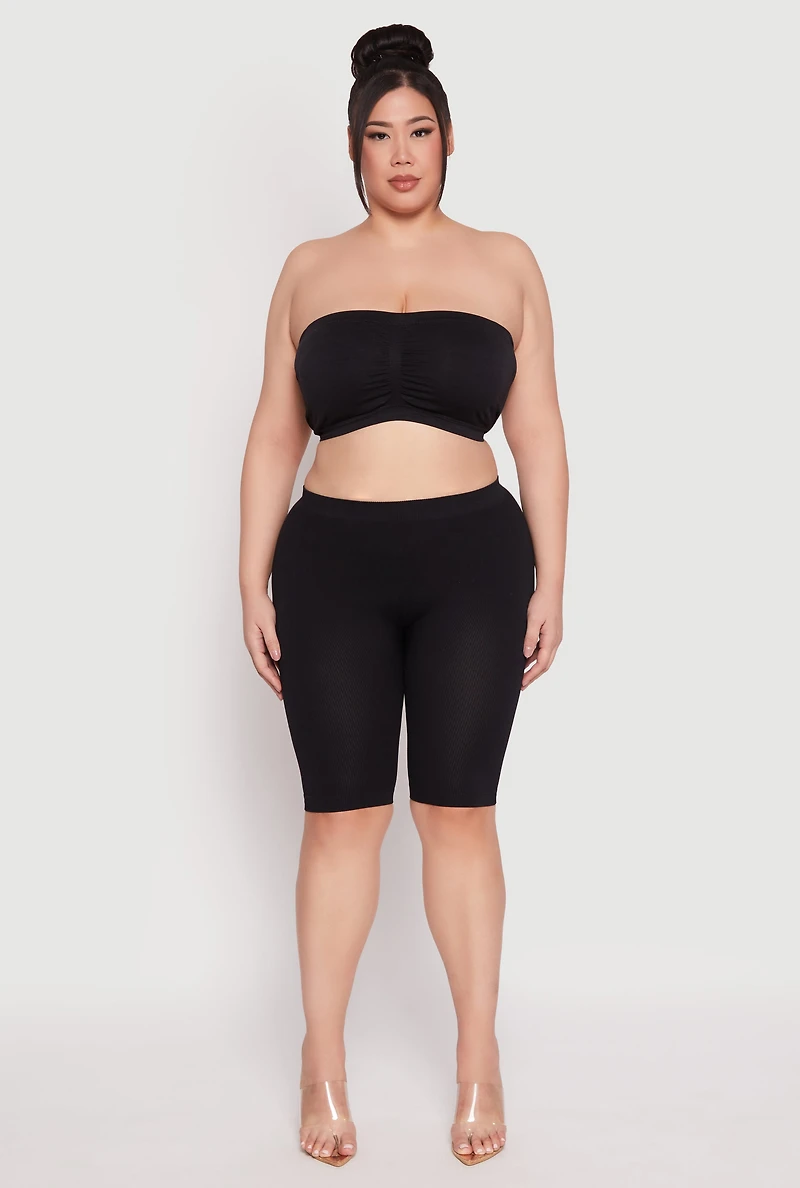 Womens Plus Size Basic Seamless Ruched Bandeau Bra, Black, Size 3X
