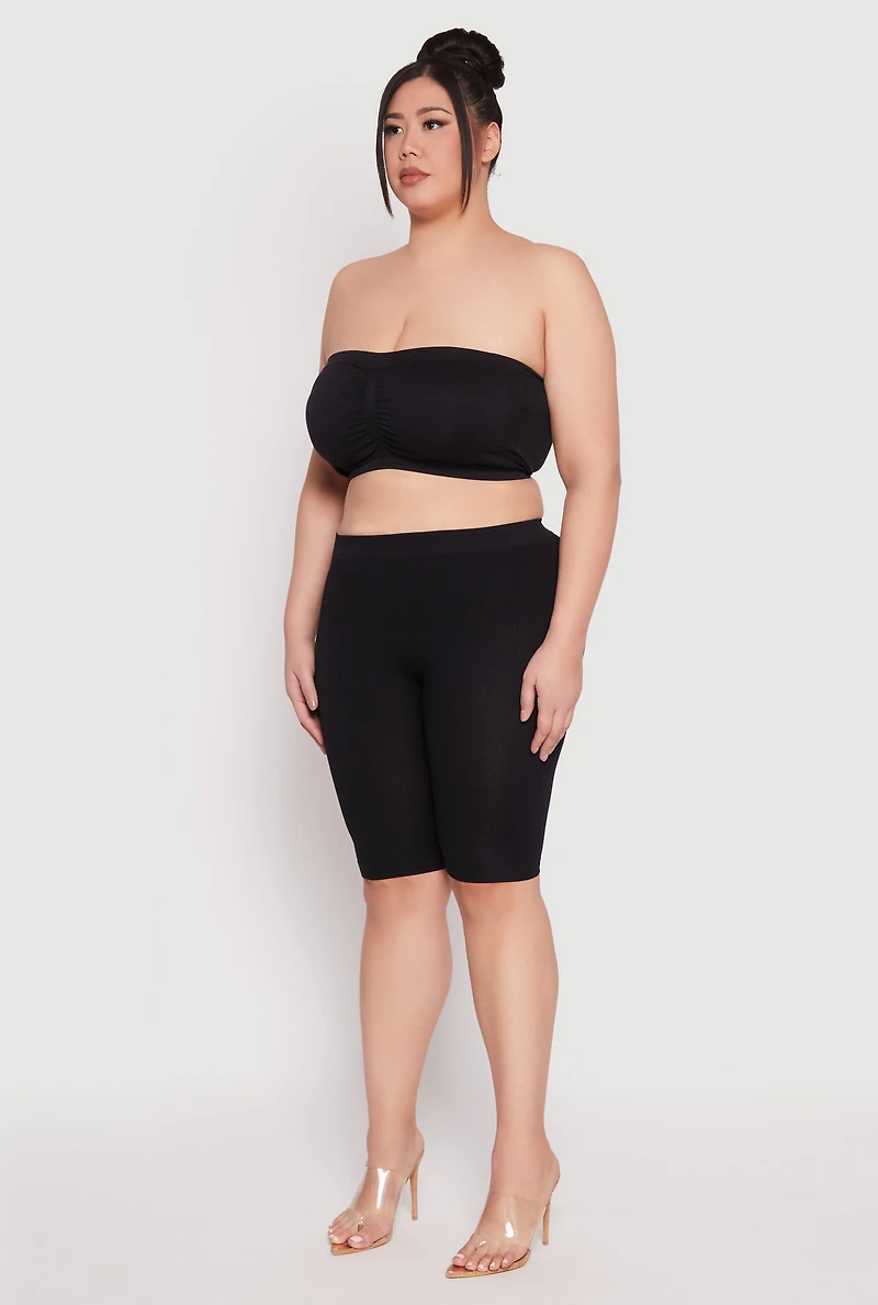 Womens Plus Size Basic Seamless Ruched Bandeau Bra, Black, Size 3X