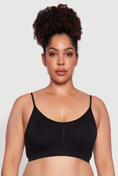 Womens Plus Size Seamless Ribbed Knit Cami Bra, Black, Size 2X