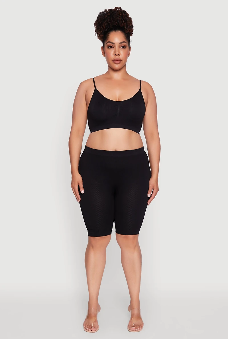 Womens Plus Size Seamless Ribbed Knit Cami Bra, Black, Size 3X