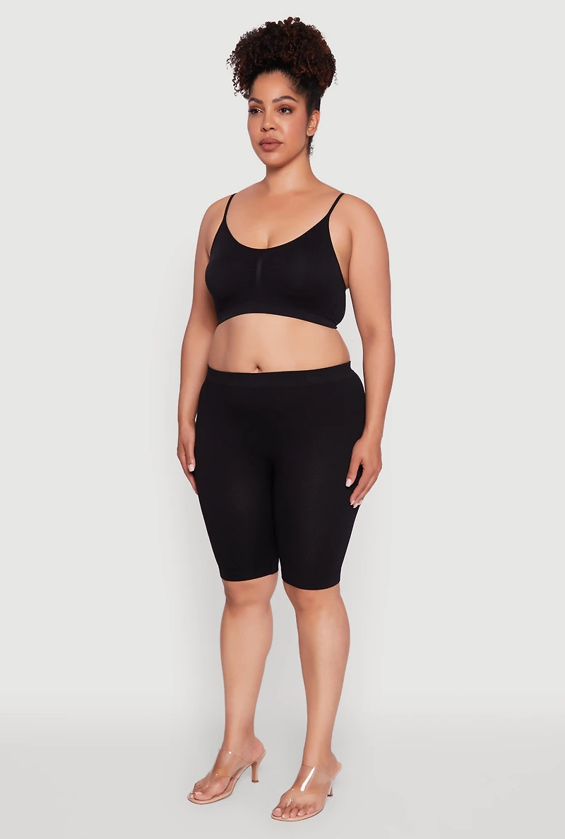 Womens Plus Size Seamless Ribbed Knit Cami Bra, Black, Size 3X