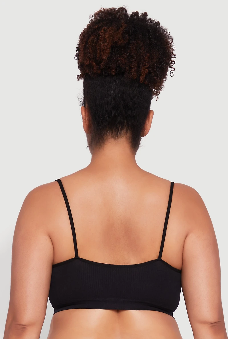 Womens Plus Size Seamless Ribbed Knit Cami Bra, Black, Size 3X