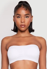 Womens Ribbed Knit Ruched Bandeau Bra, White, Size XL