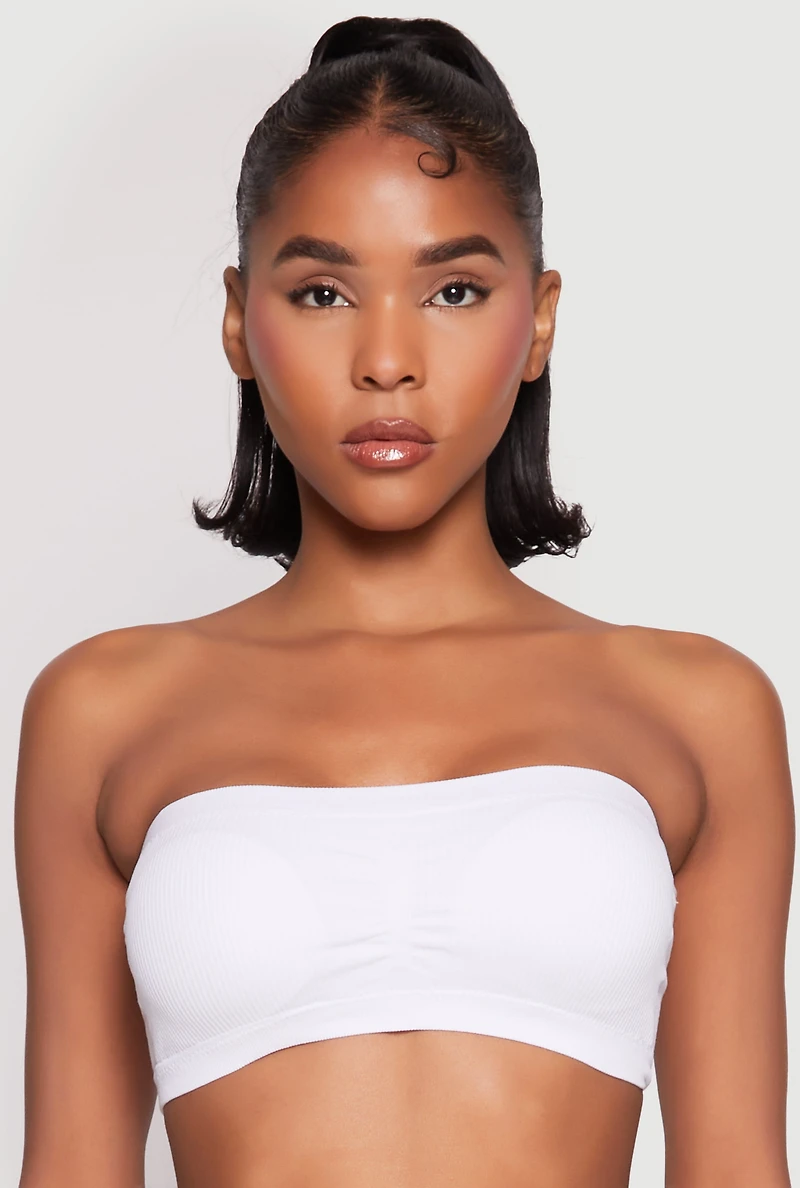 Womens Ribbed Knit Ruched Bandeau Bra, White, Size L