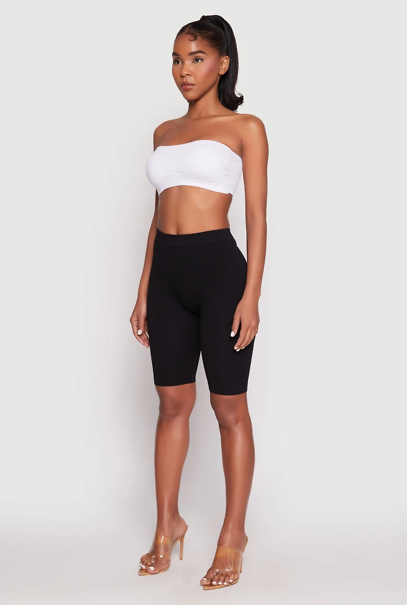 Womens Ribbed Knit Ruched Bandeau Bra, White, Size L