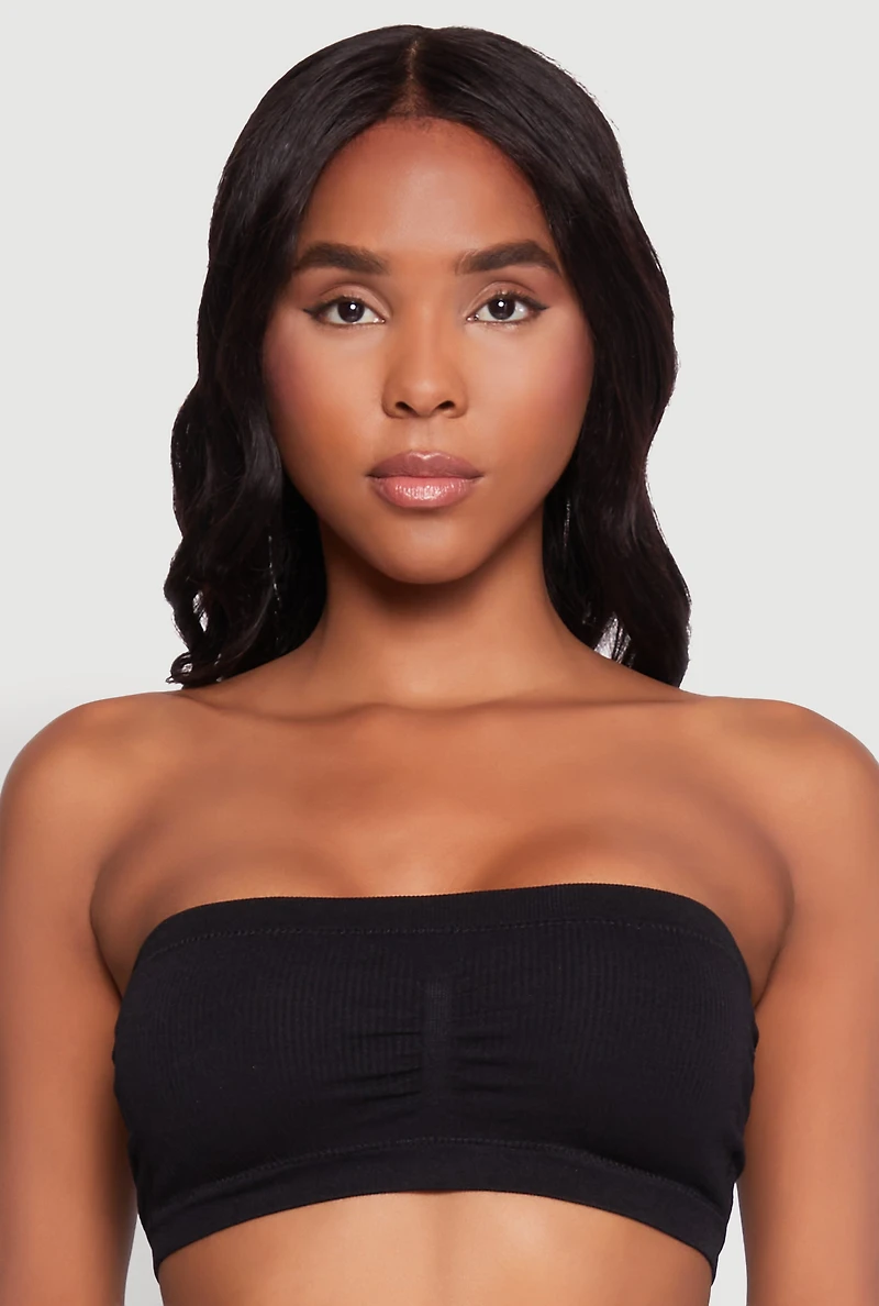Womens Seamless Rib Knit Bandeau Bra, Black,
