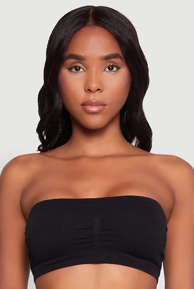 Womens Seamless Rib Knit Bandeau Bra, Black, Size L