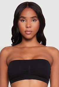 Womens Seamless Rib Knit Bandeau Bra, Black,