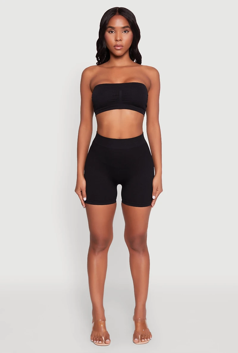 Womens Seamless Rib Knit Bandeau Bra, Black, Size L