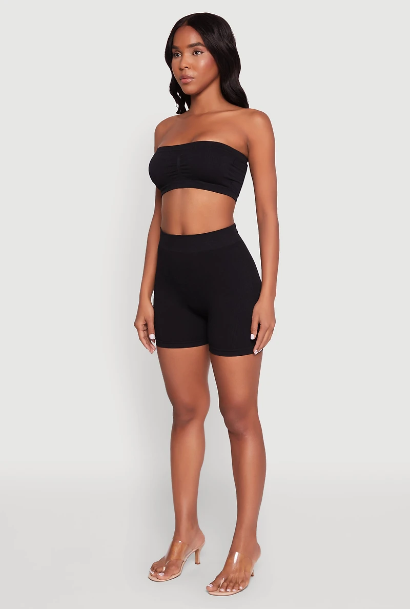 Womens Seamless Rib Knit Bandeau Bra, Black, Size L