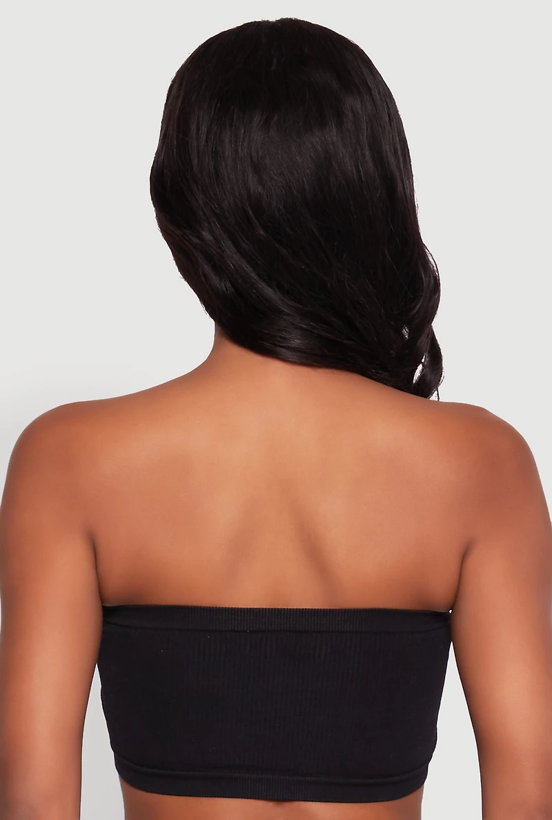 Womens Seamless Rib Knit Bandeau Bra, Black, Size L
