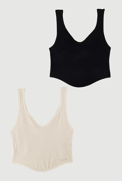 Womens Ribbed Knit V-Neck Bralettes with Shelf Bra 2-Pack, Multi, Size M