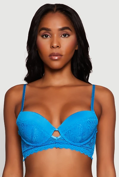 Womens Lace Keyhole Push Up Plunge Bra, Blue,