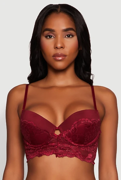 Womens Lace Longline Plunge Bra with Cut Out Detail, Burgundy, Size 36B